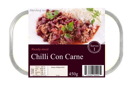 Chilli con carne with rice - ready meal - 450g nutritional information