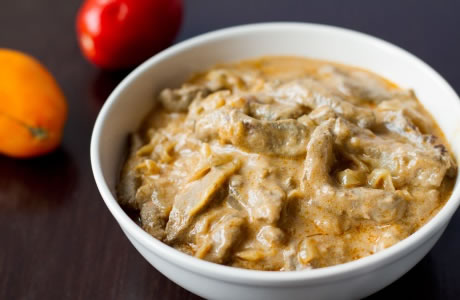 Beef Stroganoff with matchstick potatoes recipe